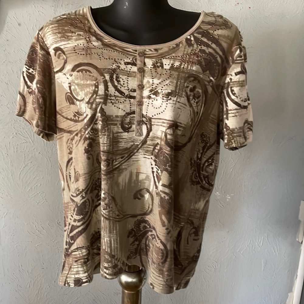 Large Rebecca Malone brown tan cream cap sleeve Hensley shirt top